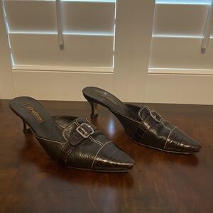 Black Leather Heeled Mules